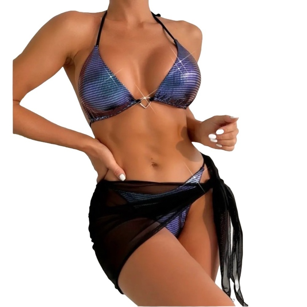 3pc Holographic Triangle Halter Tie Side Bikini Set with Sarong Cover Up - Picture 3 of 11